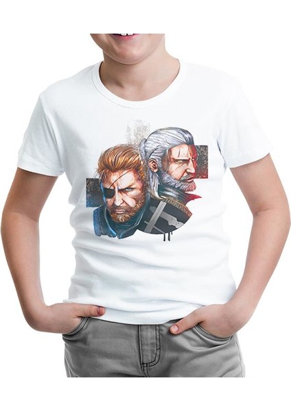 The Witcher - Geralt Vs Solid Snake Beyaz Çocuk Tshirt
