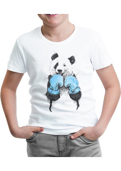 Panda - Boks Beyaz Çocuk Tshirt