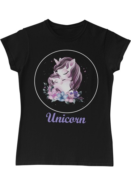 Unicorn Çiçek Anneler Günü Siyah Bayan Tshirt
