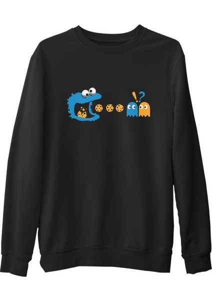 Pac-Man - Kurabiye Canavarı Siyah Erkek Kalın Sweatshirt