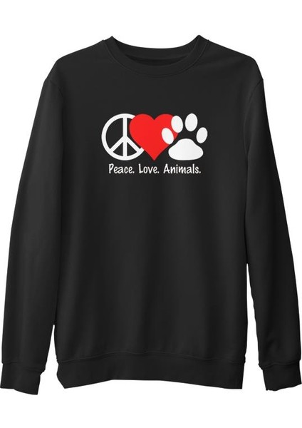 Peace Love Animals Siyah Erkek Kalın Sweatshirt