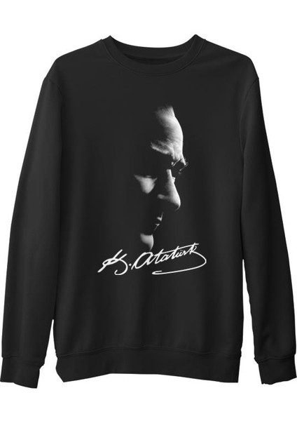 Atatürk - Atatürk Imza Siyah Erkek Kalın Sweatshirt