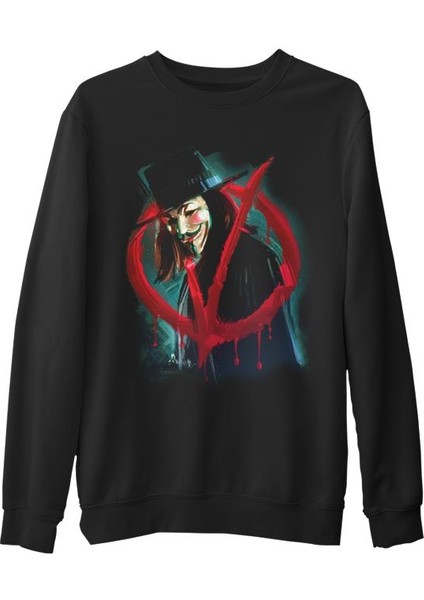 V For Vendetta - Give Him A Mask Siyah Erkek Kalın Sweatshirt