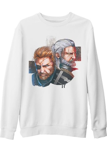 The Witcher - Geralt Vs Solid Snake Beyaz Kalın Sweatshirt