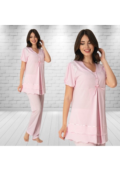Omuzları Dantelli Pembe Lohusa Pijama 8022