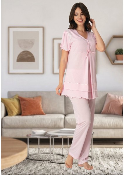 Omuzları Dantelli Pembe Lohusa Pijama 8022