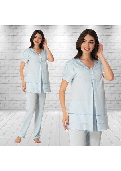 8022 Dantelli Mavi Lohusa Pijama Takımı