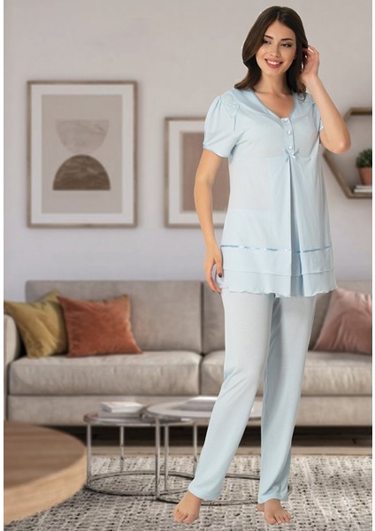 8022 Dantelli Mavi Lohusa Pijama Takımı