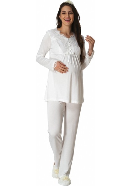 Mecit Dantel Detaylı Ekru Lohusa Pijama Takımı 5414