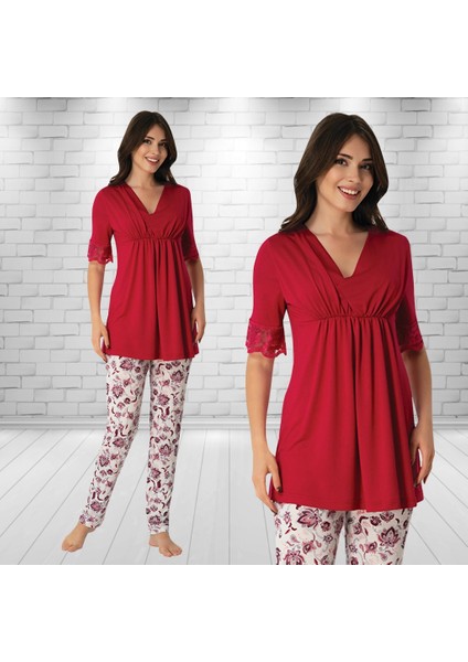 V Yaka Vişne Lohusa Pijama Takımı 8028