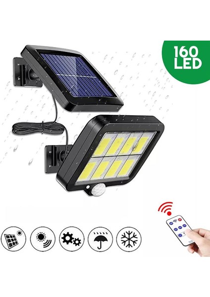 160 Cob Solar Led Hareket Sensörlü Kumandalı Su Geçirmez 3 Modlu