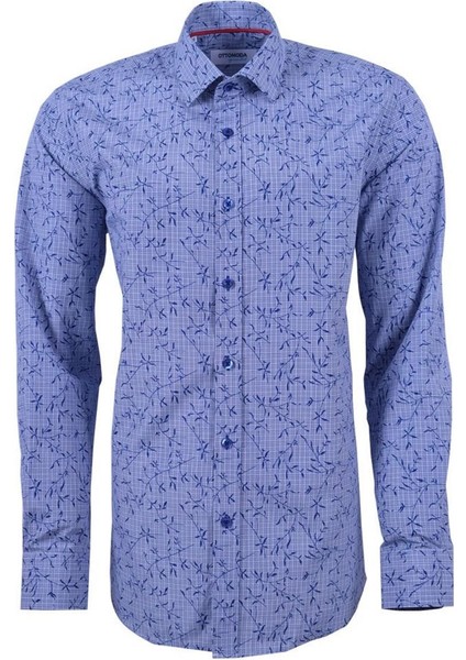 Erkek Desenli Mavi Uzun Kollu Pamuklu Regular Gömlek, OT-C-20058 fiyatları