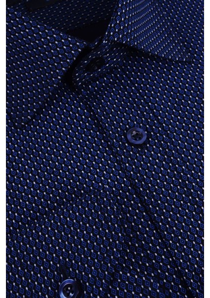 Erkek Lacivert Desenli Uzun Kollu Pamuklu SlimFit Gömlek,CP-20100