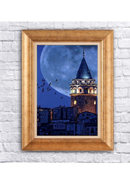 Çerçeveli Galata Kulesi Dolunay Kanvas Tablo