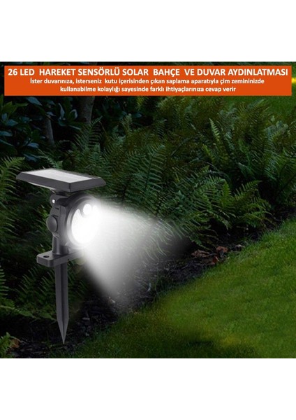 26 Ledli Solar Güneş Enerjili 3modlu Bahçe Aydınlatması Hareket Sensörlü Duvar Çim Lamba