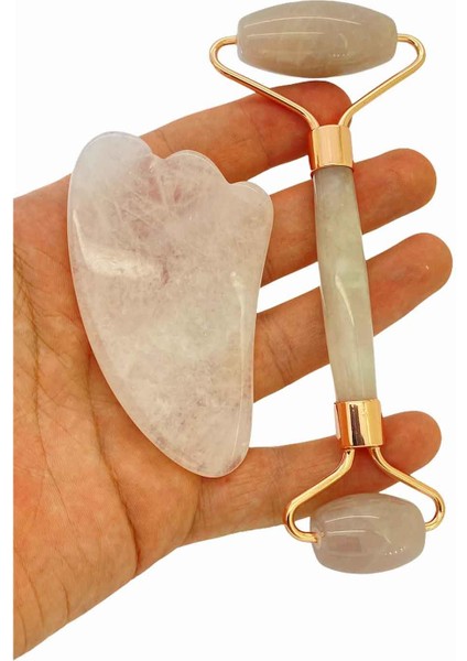 Çağrı Gümüş Pembe Kuvars Taşlı Jade Roller Guasha Taşı Rulo Ikili Masaj Seti