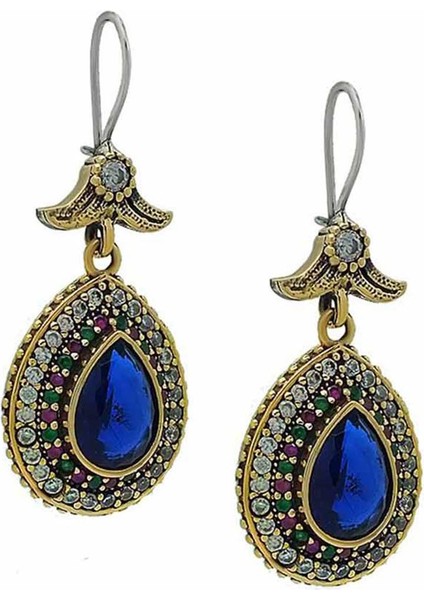 Çağrı Gümüş Mavi Safir Taşlı Gümüş Damla Tasarım Otantik Küpe Hürrem Sultan Takıları