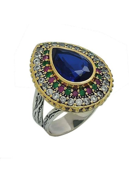 Çağrı Gümüş Kök Safir Taşlı Gümüş Otantik Kadın Yüzük Ayarlanabilir Hürrem Sultan Yüzüğü