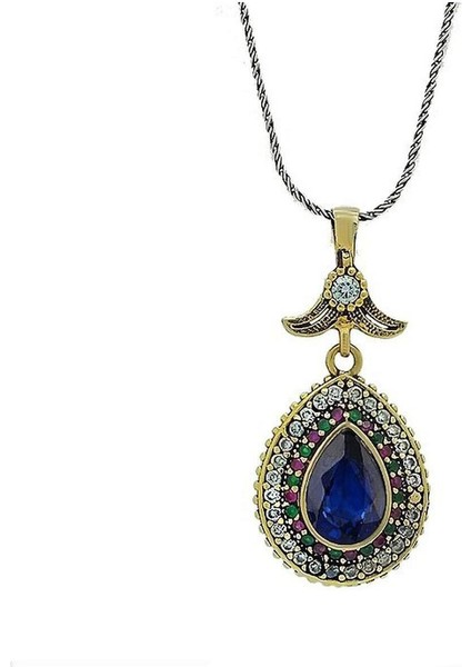 Çağrı Gümüş Mavi Safir Taşlı Gümüş Damla Kadın Kolye Hürrem Sultan Otantik Kolyeleri