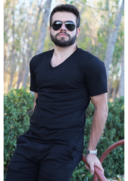 Erkek Siyah Slim Fit Düz Basic Kısa Kollu V Yaka Ince Tişört 20ETSHBSIC