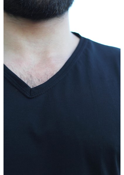 Erkek Siyah Slim Fit Düz Basic Kısa Kollu V Yaka Ince Tişört 20ETSHBSIC