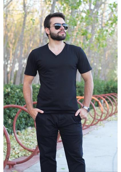 Erkek Siyah Slim Fit Düz Basic Kısa Kollu V Yaka Ince Tişört 20ETSHBSIC