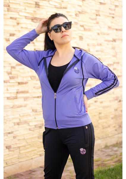 Kadın Lila Iki Şeritli Biyeli Fermuarlı Kapüşonlu Spor Eşofman Takımı 21KESTAX11 fiyatları