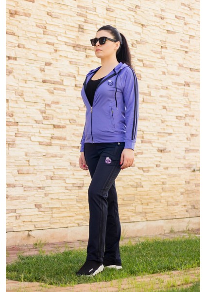 Kadın Lila Iki Şeritli Biyeli Fermuarlı Kapüşonlu Spor Eşofman Takımı 21KESTAX11 modelleri