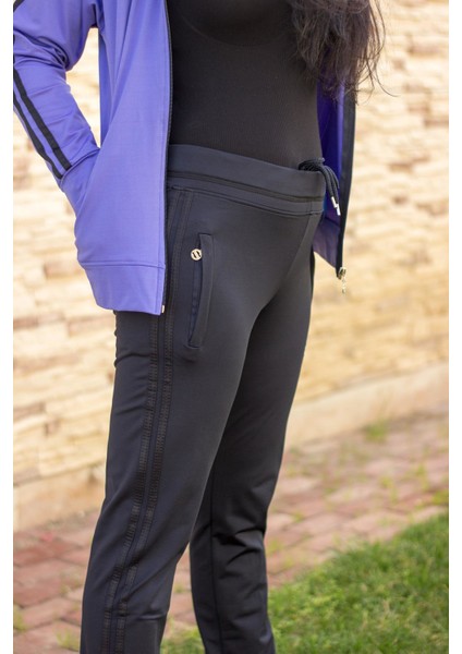 Kadın Lila Iki Şeritli Biyeli Fermuarlı Kapüşonlu Spor Eşofman Takımı 21KESTAX11 indirimleri