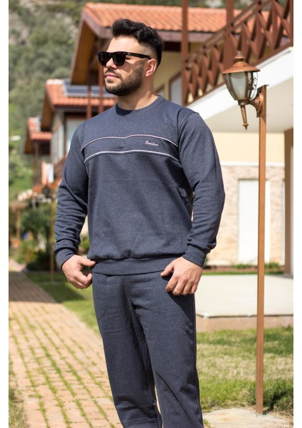 Erkek İndigo Rahat Kalıp Nakış Detaylı Sweat Eşofman Takımı 21EESTBAKT