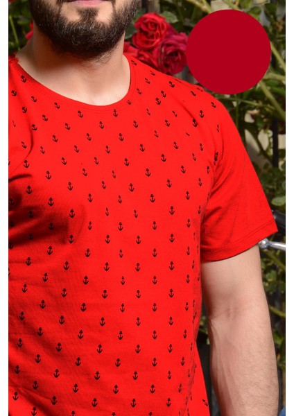 Erkek Kırmızı Slim Fit Çapa Baskılı Kısa Kollu Bisiklet Yaka Tişört 20ETSHCAPA modelleri