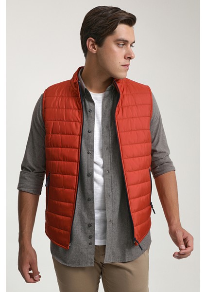 Regular Fit Kiremit Dik Yaka Elyaf Dolgulu Mevsimlik Fermuarlı Yelek Mont 7HF07ORT42611