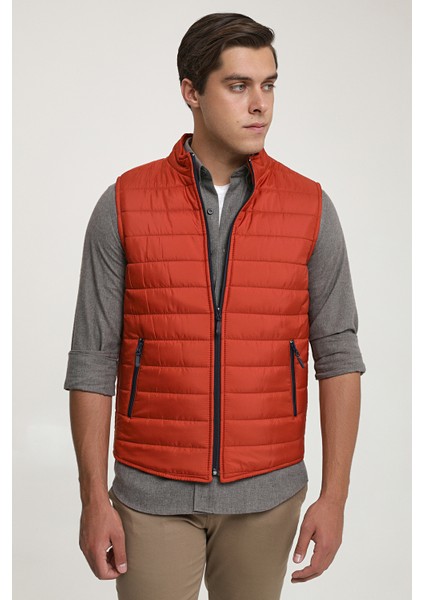 Regular Fit Kiremit Dik Yaka Elyaf Dolgulu Mevsimlik Fermuarlı Yelek Mont 7HF07ORT42611