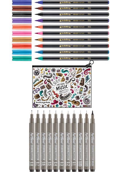 1340 Brush Kalem 10'lu Set 11 Adet Çizim Kalemi Kalem Kutu Music