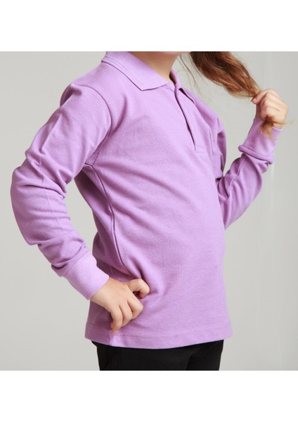 Unisex Cocuk Polo Yaka Uzun Kol Lila Okul T-Shirt fiyatları