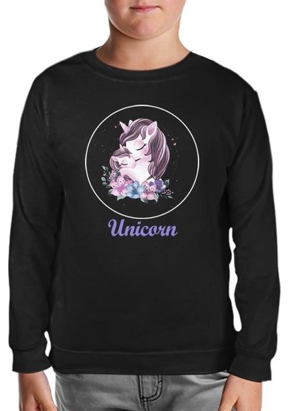 Unicorn Çiçek Anneler Günü Siyah Çocuk Sweatshirt