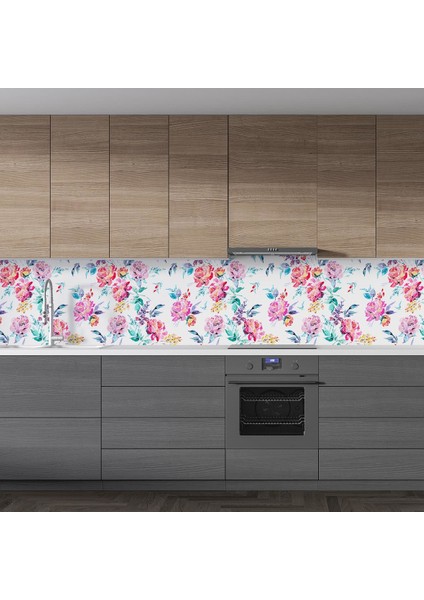 Mutfak Tezgah Arası Folyo Fayans Kaplama Folyosu Suluboya Çiçekler 60 x 400