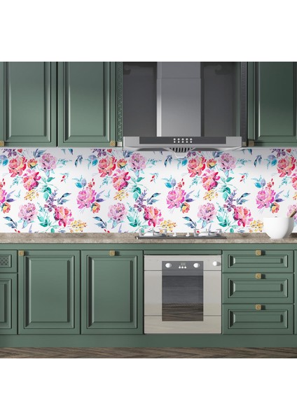 Mutfak Tezgah Arası Folyo Fayans Kaplama Folyosu Suluboya Çiçekler 60 x 400 modelleri