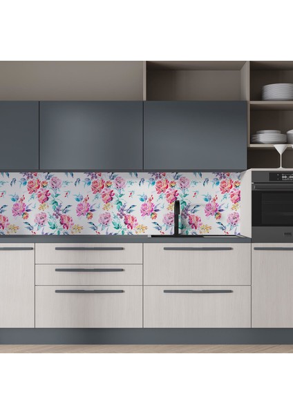 Mutfak Tezgah Arası Folyo Fayans Kaplama Folyosu Suluboya Çiçekler 60 x 400 indirimleri