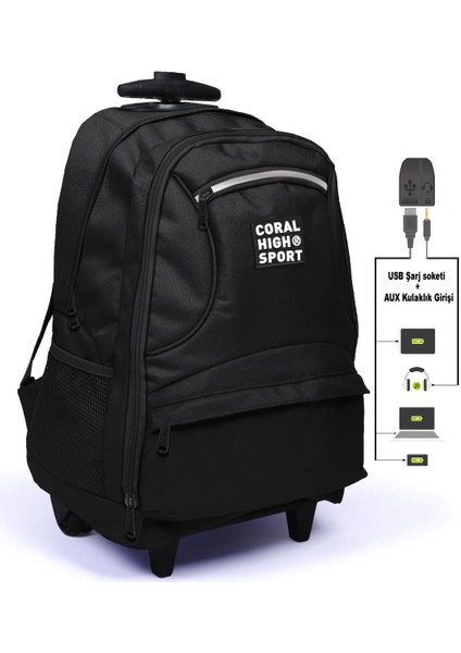 Coral High Sport Siyah Dört Bölmeli USB Şarjlı Kulaklık Çıkışlı Çekçekli Sırt Çantası 23251