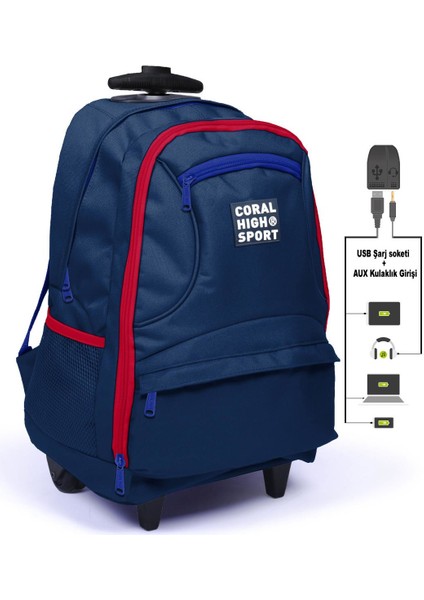 Sport 23254 Dört Bölmeli Usb Şarjlı Kulaklık Çıkışlı Çekçekli Sırt Çantası Lacivert - Kırmızı