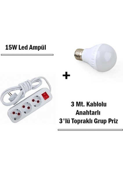 15W LED Ampul + 3 Metre Uzatmalı Anahtarlı 3lü Priz Set