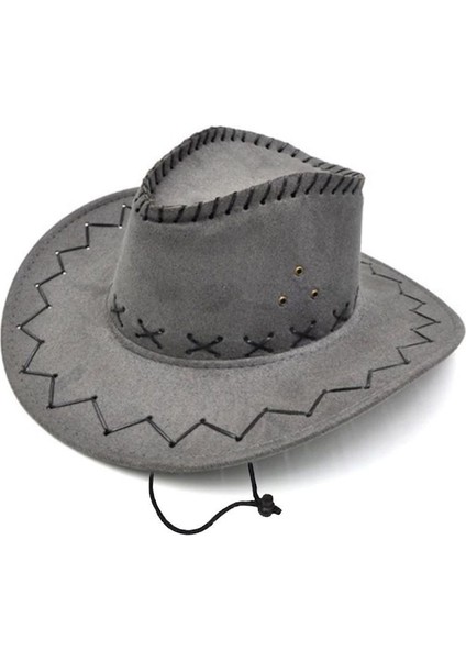 Gri Duman Rengi Bağcıklı Nubuk Yetişkin Kovboy Şapkası