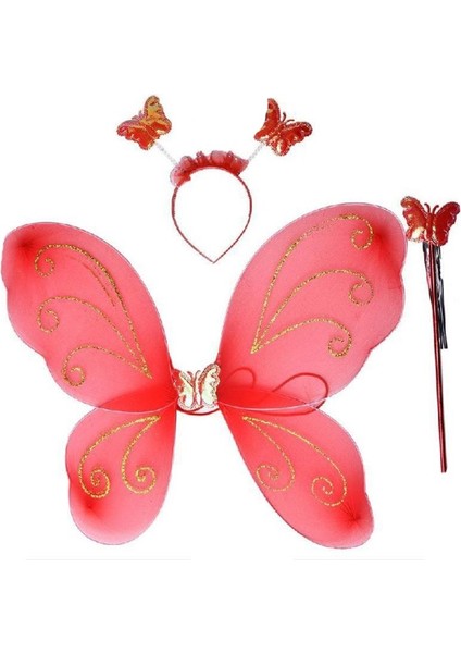 Kelebek Kanat 50 cm Kanat Asa Taç 3 Lü Set Kırmızı Renk