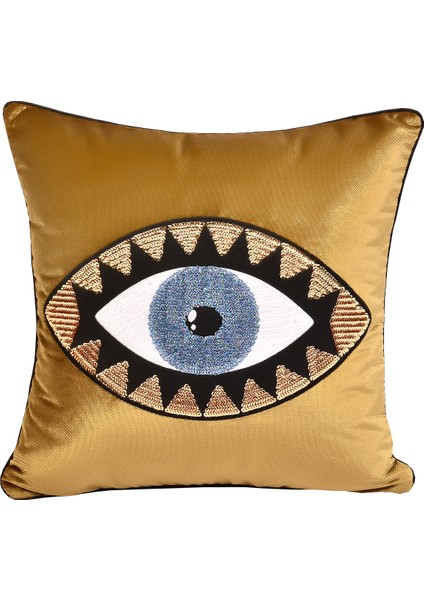 Gold Kadife Mavi Göz İşlemeli Yastık Kılıfı