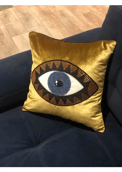 Gold Kadife Mavi Göz İşlemeli Yastık Kılıfı modelleri
