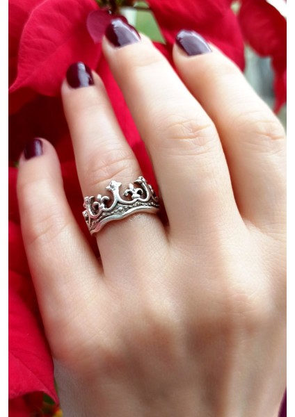 Antik Gümüş Kaplama Kral Tacı Şekilli El Yapımı Ayarlanabilir Yüzük