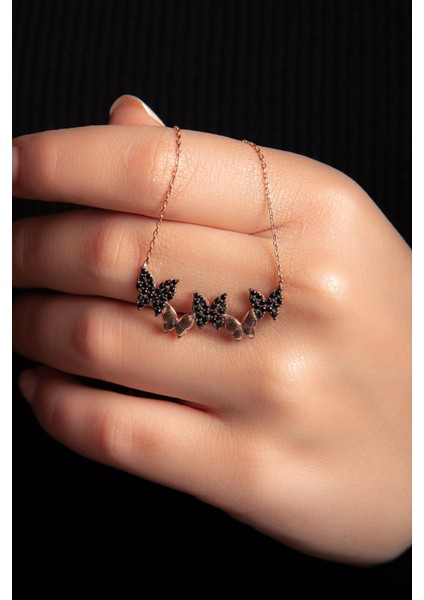 Siyah Zirkon Taşlı Gümüş Kolye Rose Altın Kaplama Kelebekli 925 Ayar