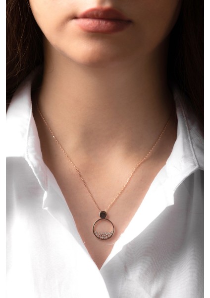 Oval Zirkon Taşlı Gümüş Kolye Rose Altın Kaplama Kadın 925 Ayar