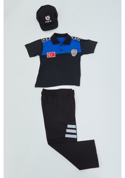 Polis Kostüm Polo Yaka Tişortlü Polis Kıyafeti Mavi